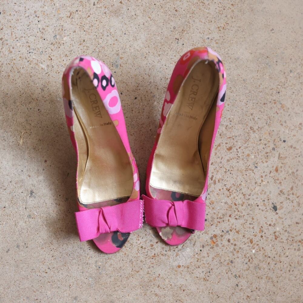 J.Crew Pink Floral Bow Peep Toe Heels Size 9 Italian Made Y2K Coquette - Picture 5 of 5